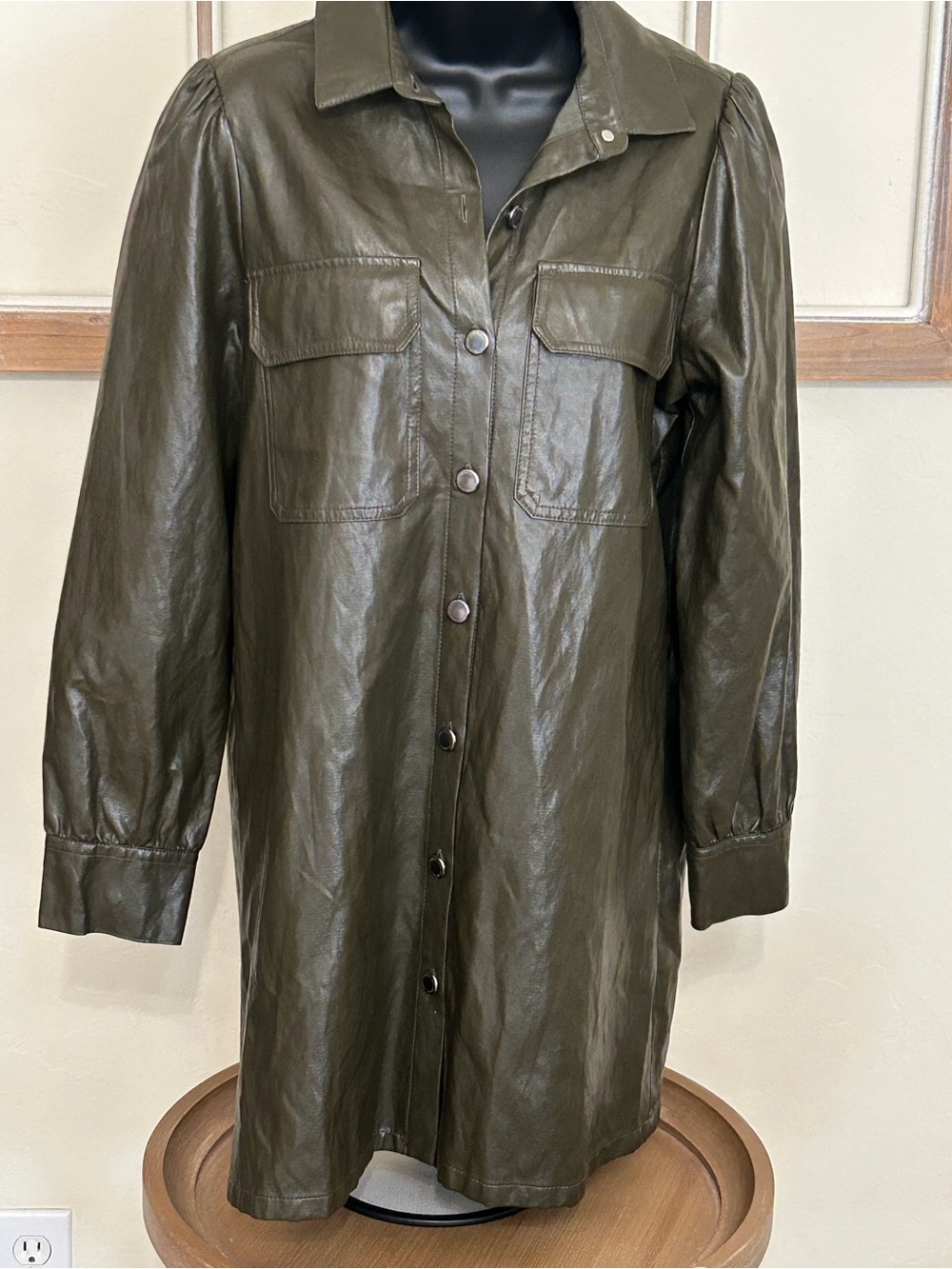 Olive Green Faux Leather Shirt Jacket